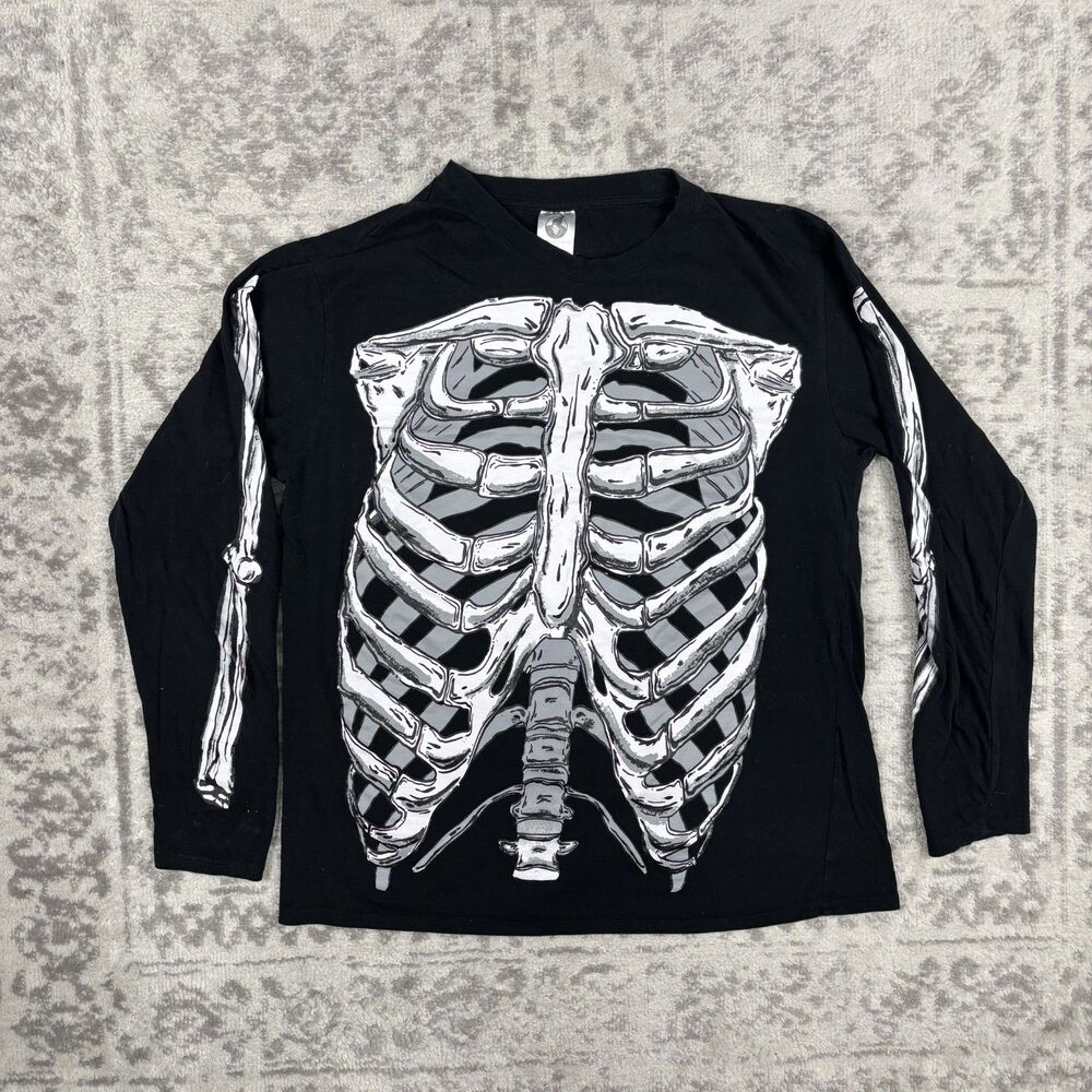 Spirit Halloween Skeleton Bone Print Long Sleeve T Shirt Y2K Gothic Size Large